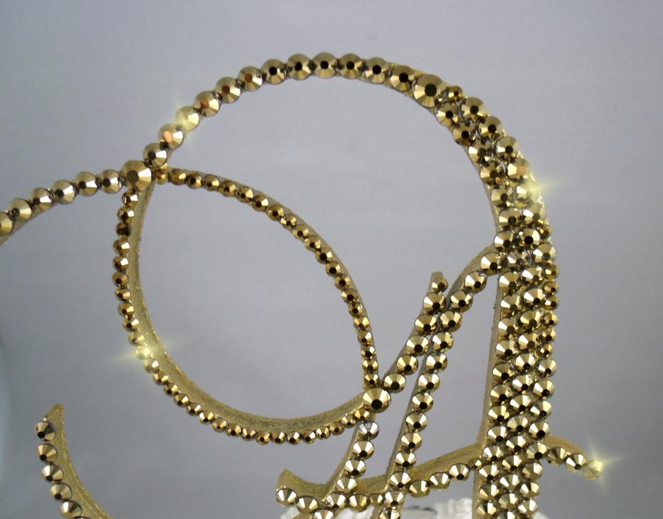 Gold Foiled Glass Crystals 5" Tall Wooden Letter "A" Wedding Cake Topper  A B C D E F G H I J K L M N O P R S T U V