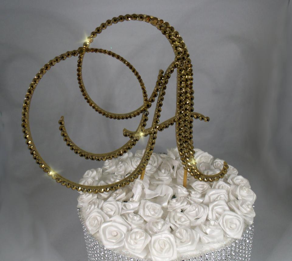Gold Foiled Glass Crystals 5" Tall Wooden Letter "A" Wedding Cake Topper  A B C D E F G H I J K L M N O P R S T U V