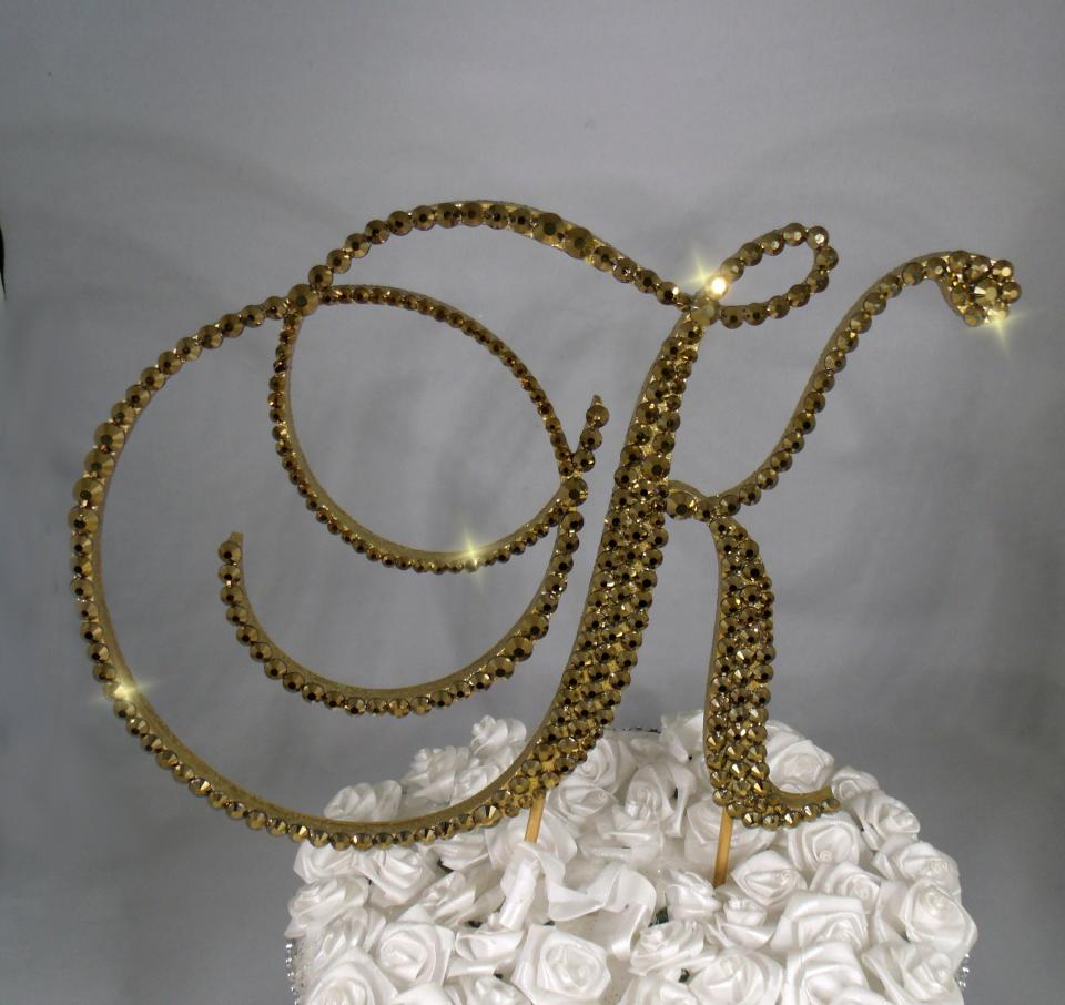 Gold Foiled  Glass Crystals 6" Tall Wooden Letter "K" Wedding Cake Topper  A B C D E F G H I J K L M N O P R S T U