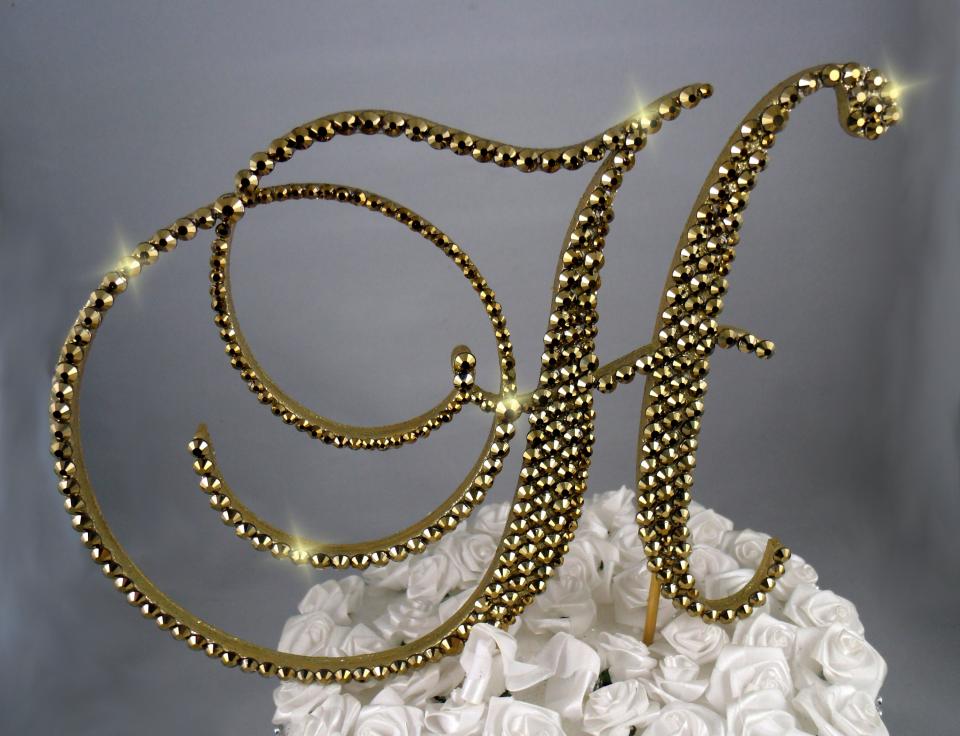 Gold Foiled Glass  Crystals 6" Tall Wooden Letter "H" Wedding Cake Topper  A B C D E F G H I J K L M N O P R S T U V