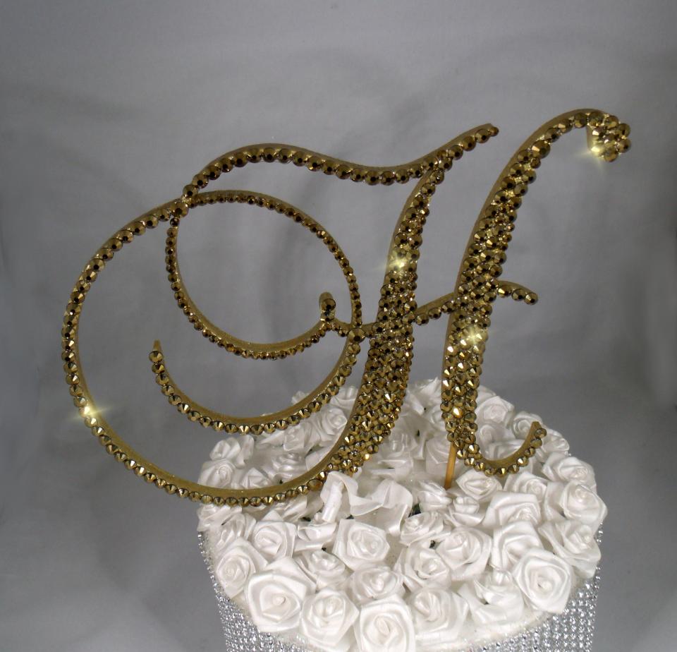Gold Foiled Glass  Crystals 6" Tall Wooden Letter "H" Wedding Cake Topper  A B C D E F G H I J K L M N O P R S T U V