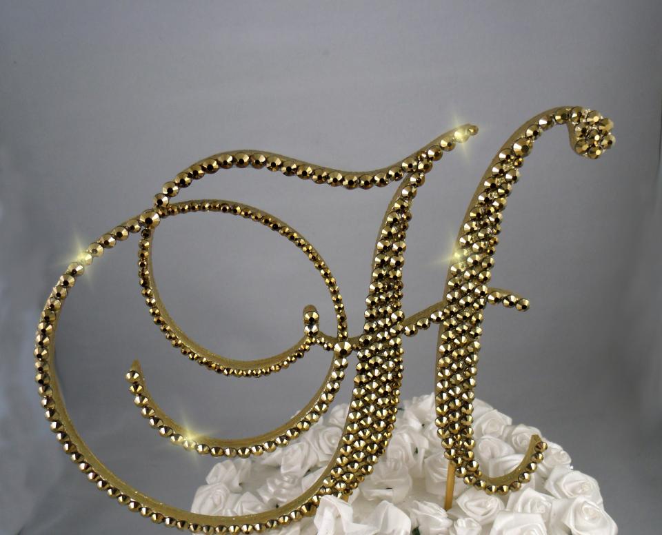 Gold Foiled Glass  Crystals 6" Tall Wooden Letter "H" Wedding Cake Topper  A B C D E F G H I J K L M N O P R S T U V