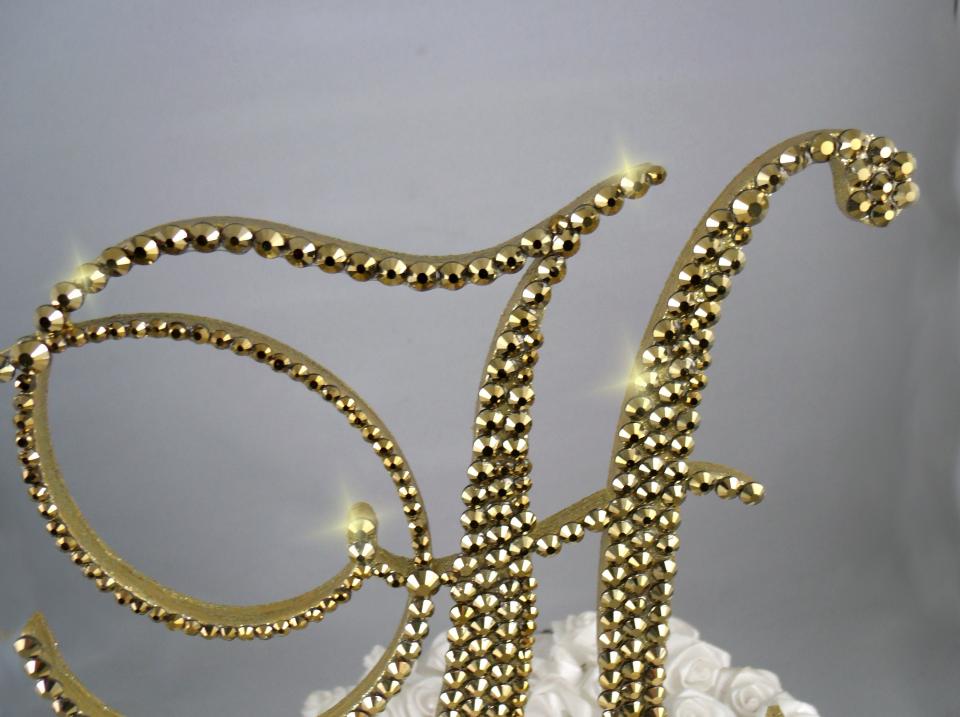 Gold Foiled Glass  Crystals 6" Tall Wooden Letter "H" Wedding Cake Topper  A B C D E F G H I J K L M N O P R S T U V