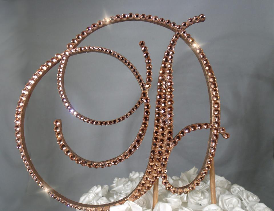 Rose Gold Glass Crystals 6" Tall Wooden Letter "D" Wedding Cake Topper  A B C D E F G H I J K L M N O P R S T U V