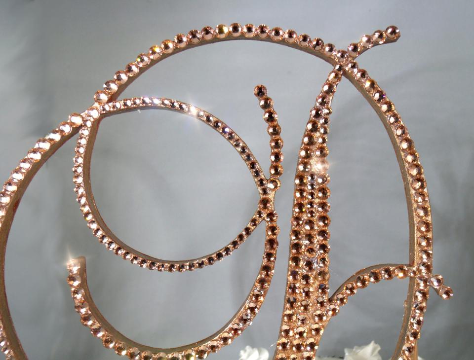 Rose Gold Glass Crystals 6" Tall Wooden Letter "D" Wedding Cake Topper  A B C D E F G H I J K L M N O P R S T U V