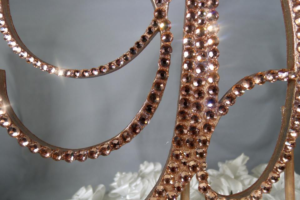 Rose Gold Glass Crystals 6" Tall Wooden Letter "D" Wedding Cake Topper  A B C D E F G H I J K L M N O P R S T U V