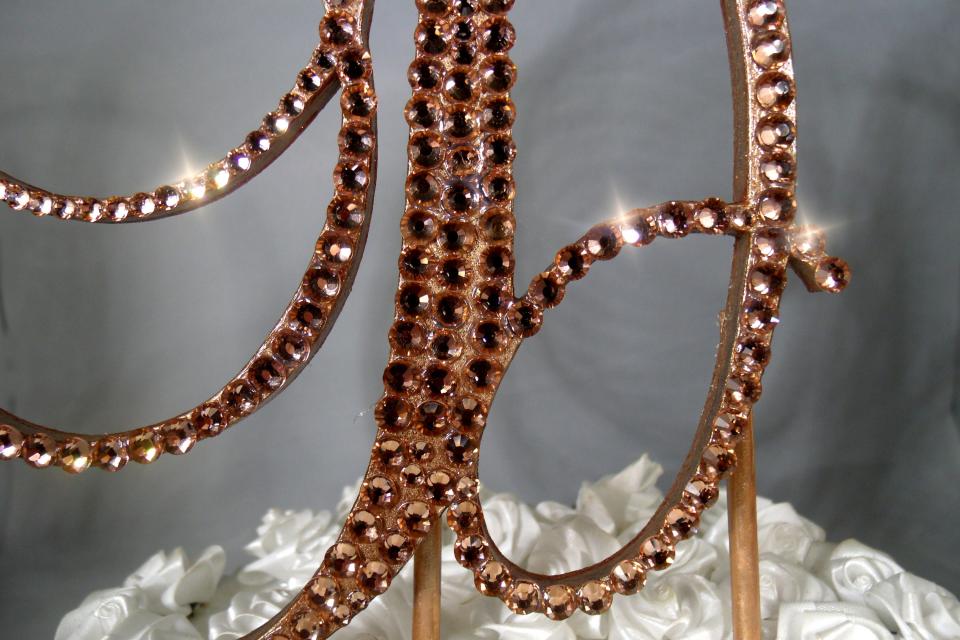 Rose Gold Glass Crystals 6" Tall Wooden Letter "D" Wedding Cake Topper  A B C D E F G H I J K L M N O P R S T U V