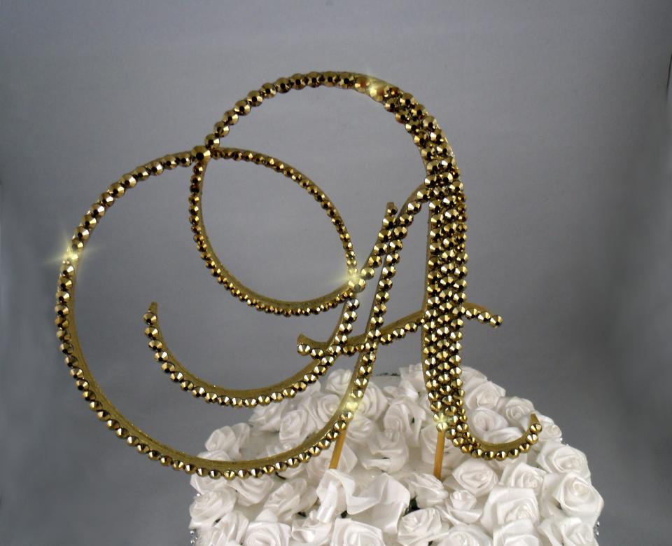 Gold Foiled Glass Crystals 5" Tall Wooden Letter "A" Wedding Cake Topper  A B C D E F G H I J K L M N O P R S T U V