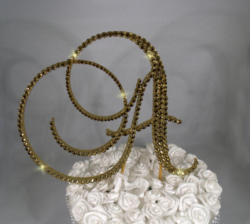 Gold Foiled Glass Crystals 5" Tall Wooden Letter "A" Wedding Cake Topper  A B C D E F G H I J K L M N O P R S T U V