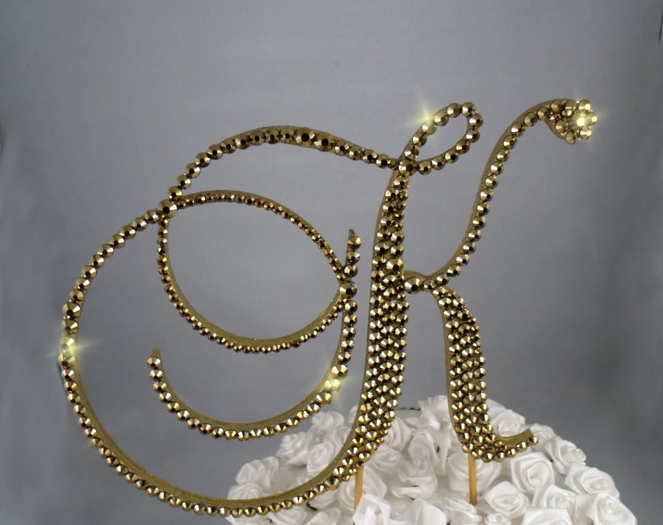 Gold Foiled  Glass Crystals 6" Tall Wooden Letter "K" Wedding Cake Topper  A B C D E F G H I J K L M N O P R S T U