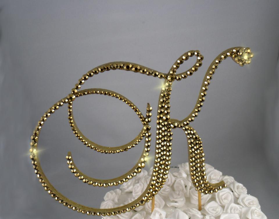Gold Foiled  Glass Crystals 6" Tall Wooden Letter "K" Wedding Cake Topper  A B C D E F G H I J K L M N O P R S T U