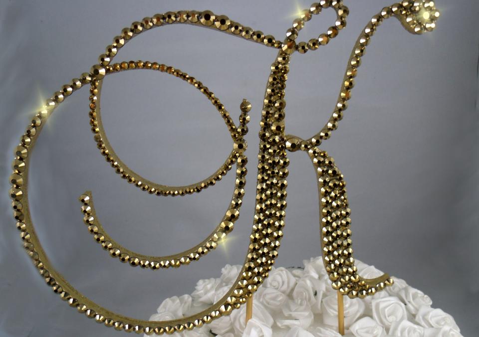 Gold Foiled  Glass Crystals 6" Tall Wooden Letter "K" Wedding Cake Topper  A B C D E F G H I J K L M N O P R S T U