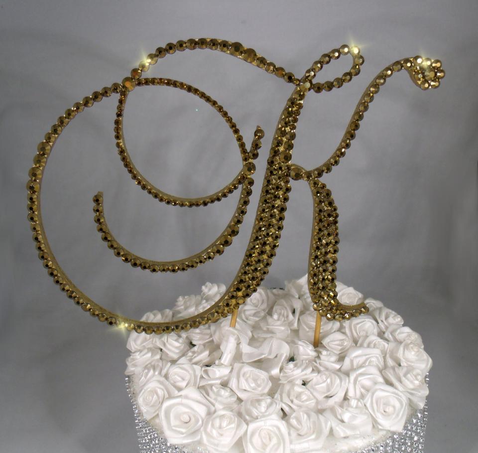 Gold Foiled  Glass Crystals 6" Tall Wooden Letter "K" Wedding Cake Topper  A B C D E F G H I J K L M N O P R S T U