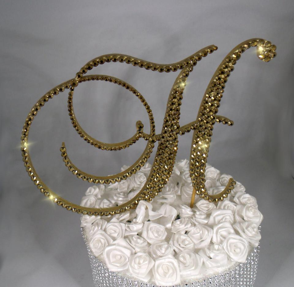 Gold Foiled Glass  Crystals 6" Tall Wooden Letter "H" Wedding Cake Topper  A B C D E F G H I J K L M N O P R S T U V