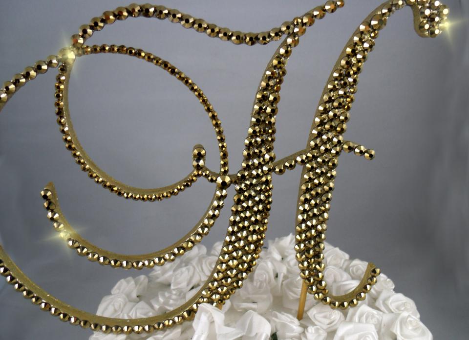Gold Foiled Glass  Crystals 6" Tall Wooden Letter "H" Wedding Cake Topper  A B C D E F G H I J K L M N O P R S T U V