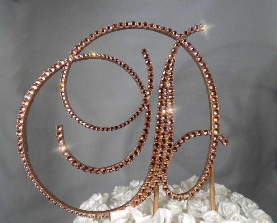 Rose Gold Glass Crystals 6" Tall Wooden Letter "D" Wedding Cake Topper  A B C D E F G H I J K L M N O P R S T U V