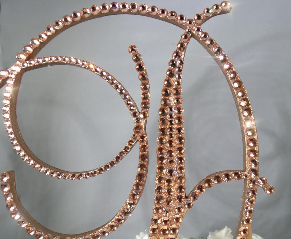 Rose Gold Glass Crystals 6" Tall Wooden Letter "D" Wedding Cake Topper  A B C D E F G H I J K L M N O P R S T U V