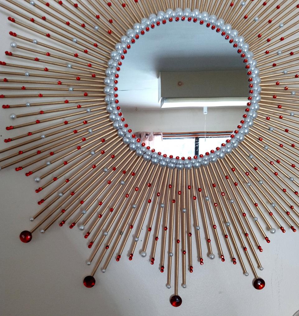 Beautiful Handmade Gold 31" Glam Crystals and Pearls Sunburst Mirror, Starburst mirror, Jeweled Mirror, Wall Mirror, Sun Mirror