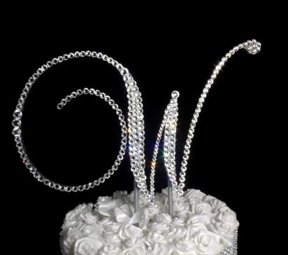 Handmade Glass Clear Crystals  5" Tall Silver or Gold Base Wooden Monogram Letter "W" Wedding Cake Topper